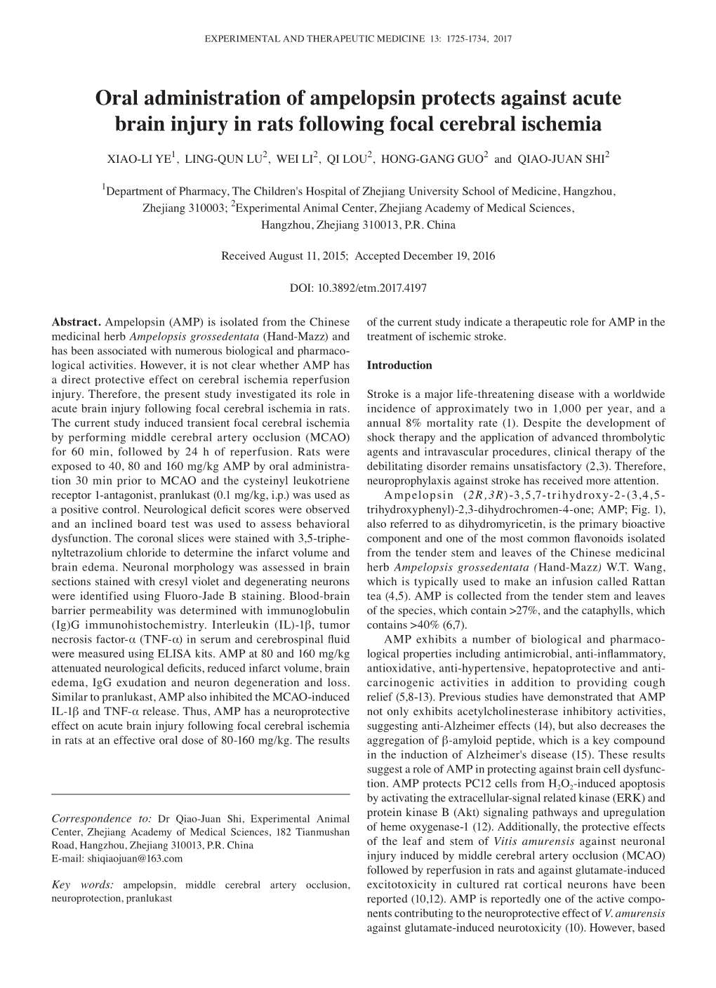 Oral Administration of Ampelopsin Protects Against Acute Brain Injury in Rats Following Focal Cerebral Ischemia