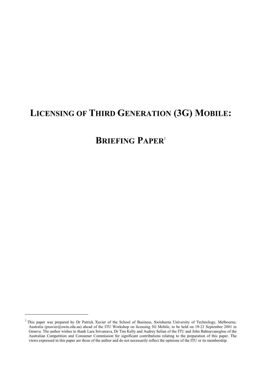 Licensing of Third Generation (3G) Mobile: Briefing Paper