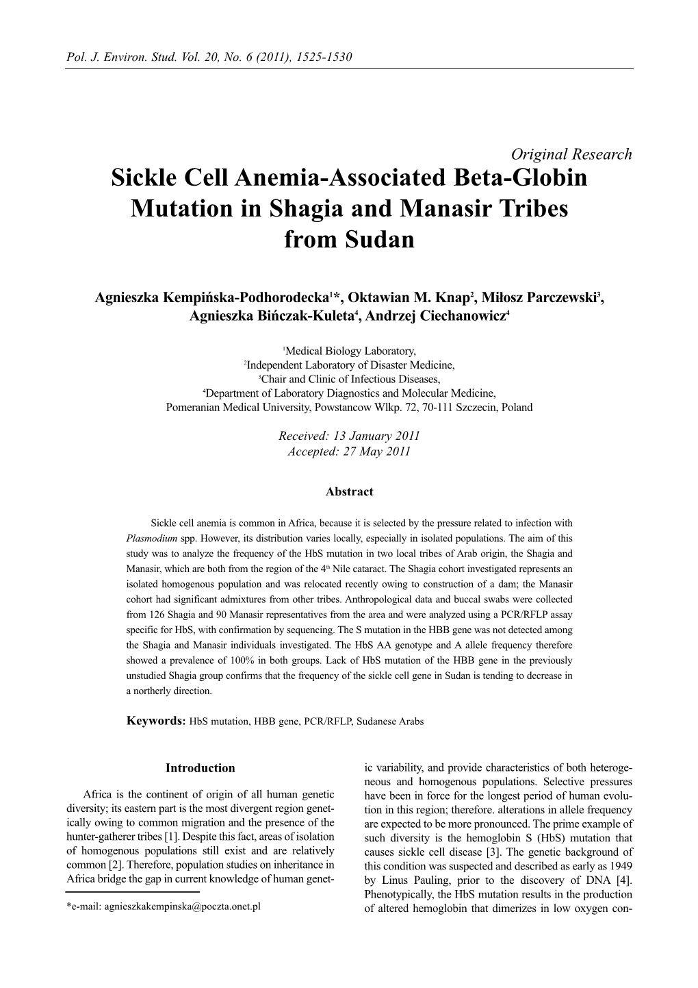 Sickle Cell Anemia-Associated Beta-Globin Mutation in Shagia and Manasir Tribes from Sudan