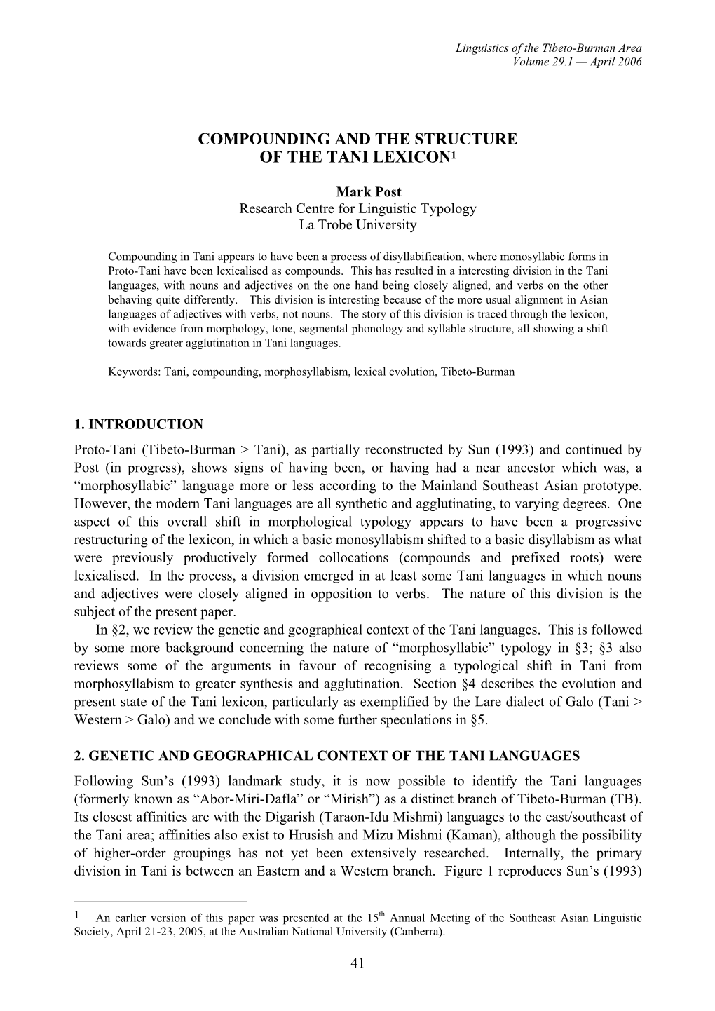 Compounding and the Structure of the Tani Lexicon1