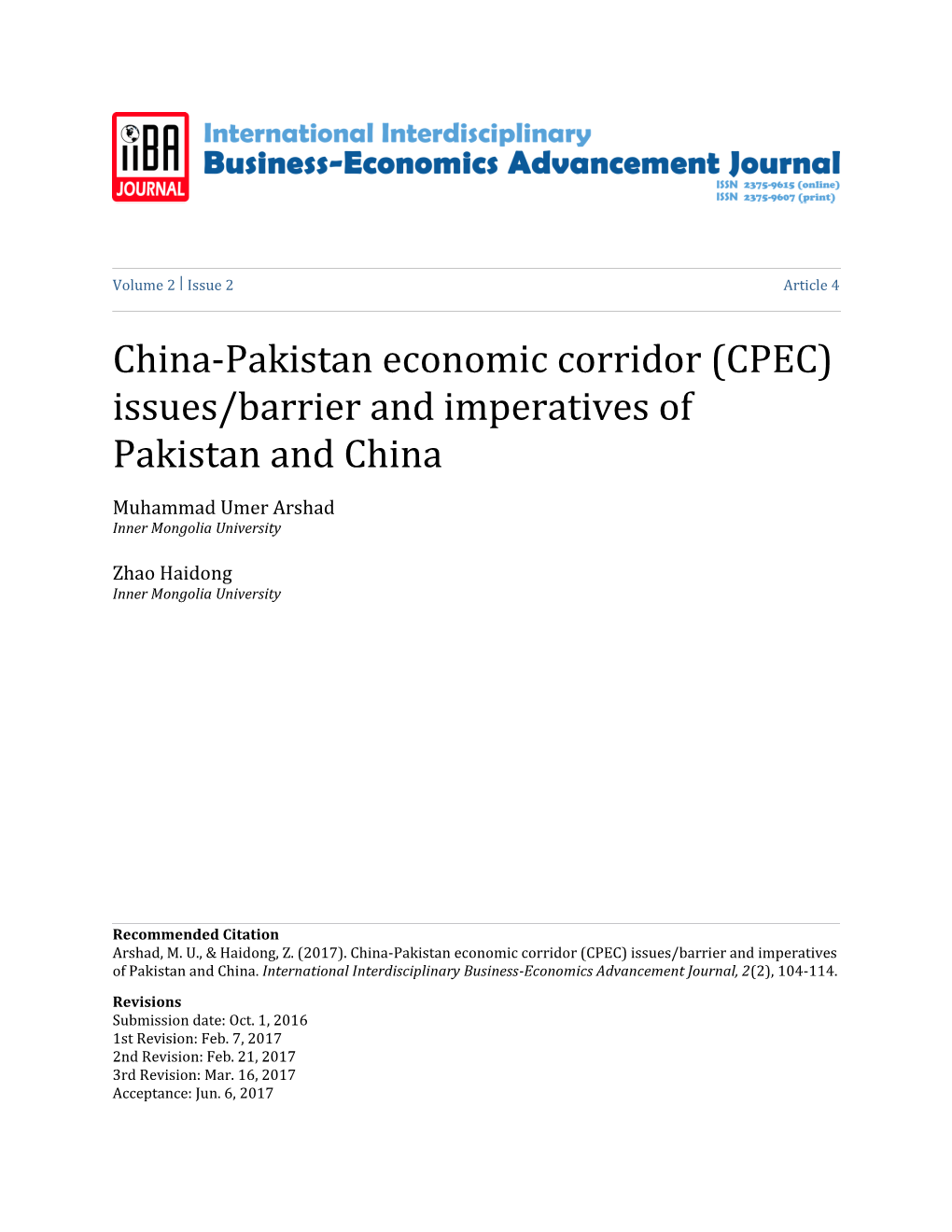 China-Pakistan Economic Corridor (CPEC) Issues/Barrier and Imperatives of Pakistan and China