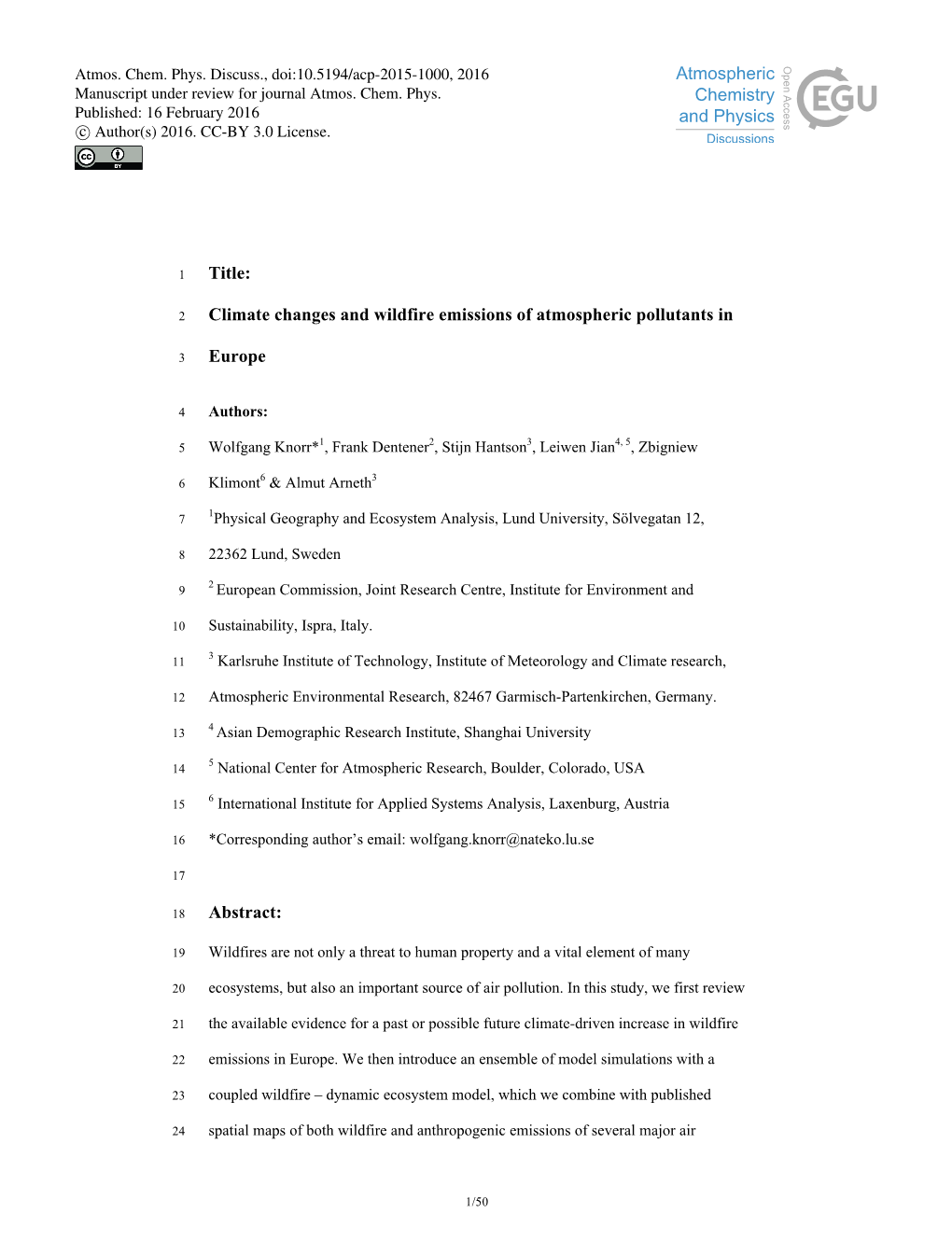 Title: Climate Changes and Wildfire Emissions Of