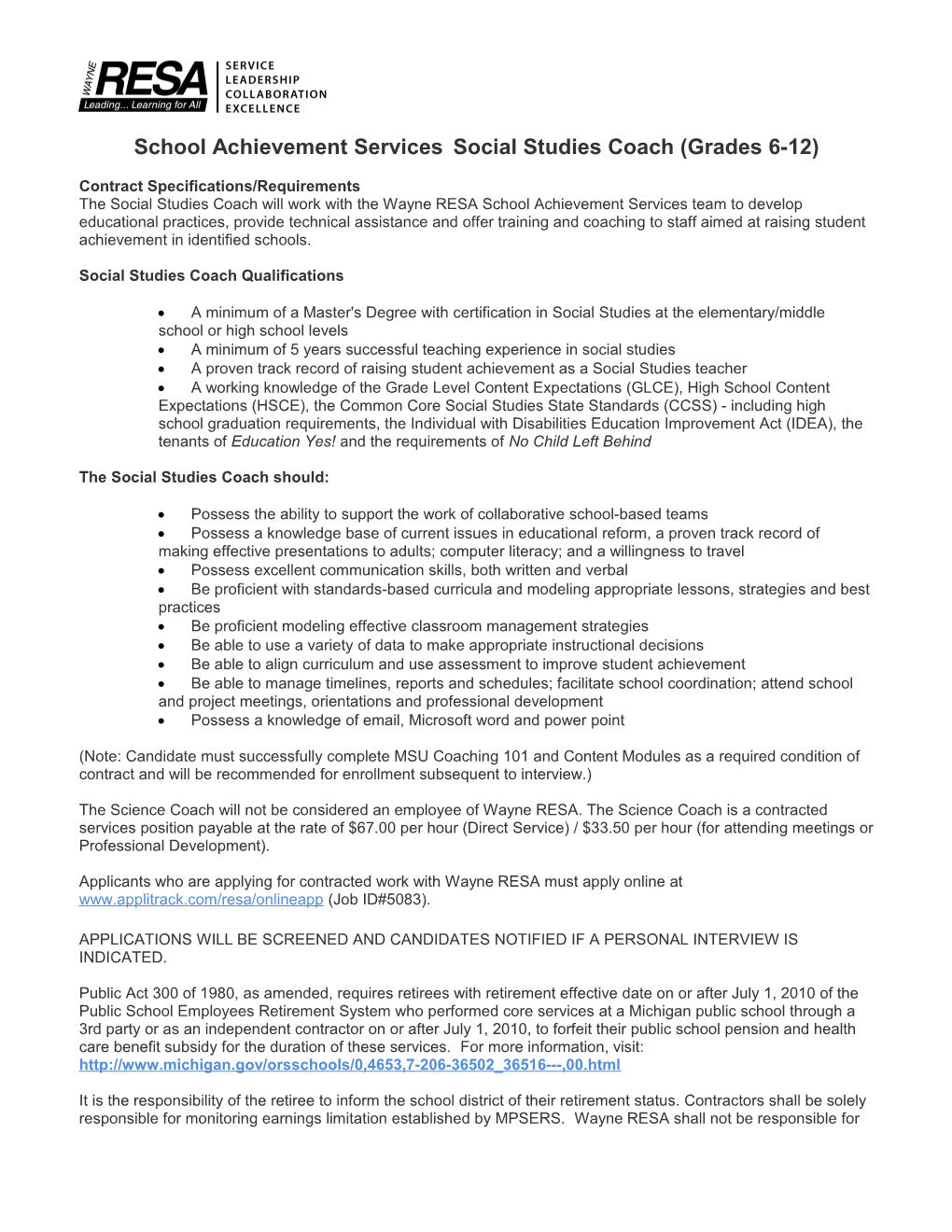 School Achievement Services Social Studies Coach (Grades 6-12)