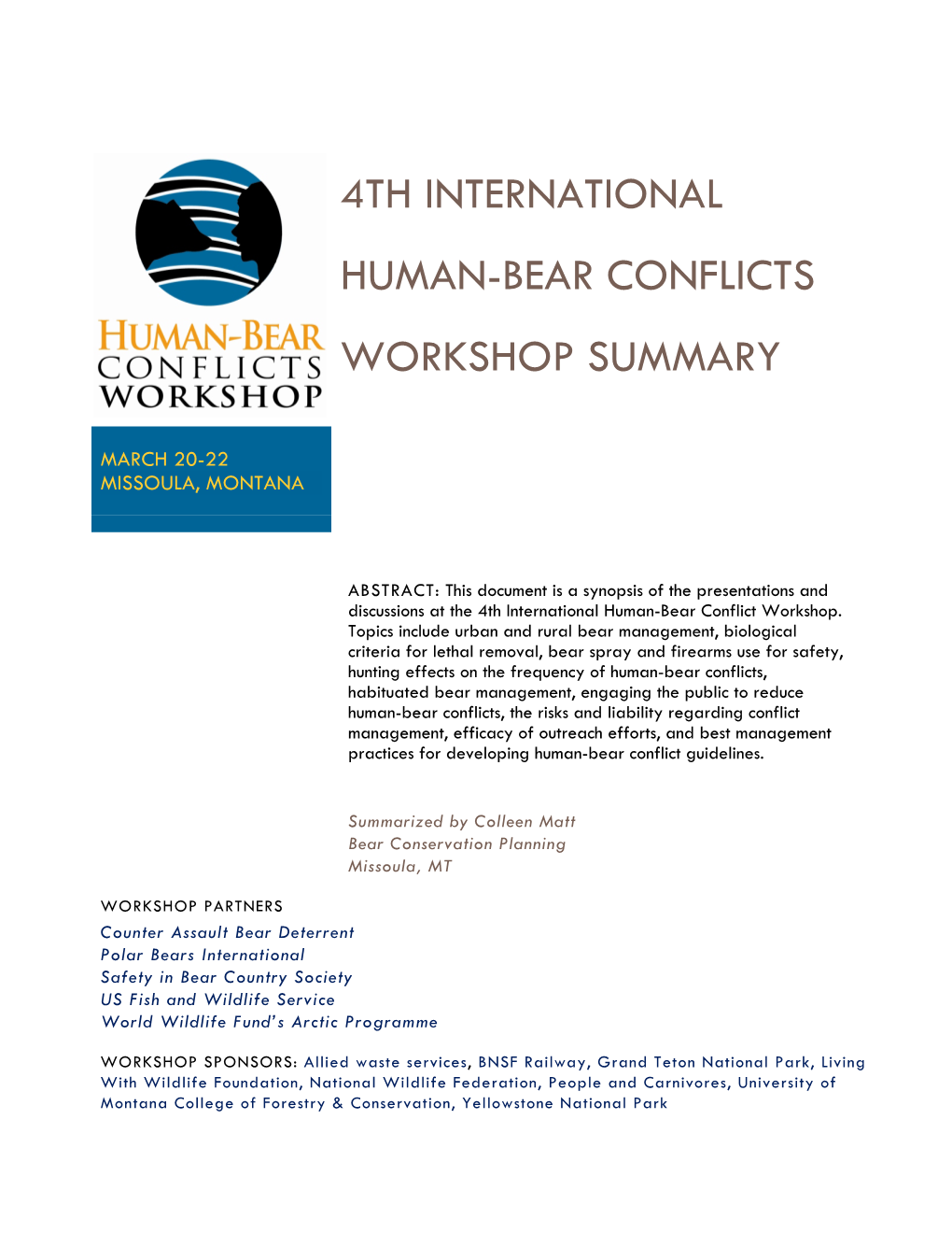 4Th International Human-Bear Conflicts Workshop Summary