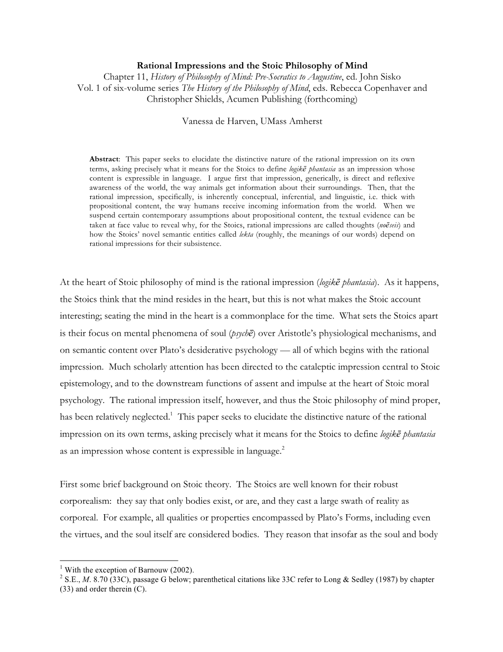 Rational Impressions and the Stoic Philosophy of Mind Chapter 11, History of Philosophy of Mind: Pre-Socratics to Augustine, Ed