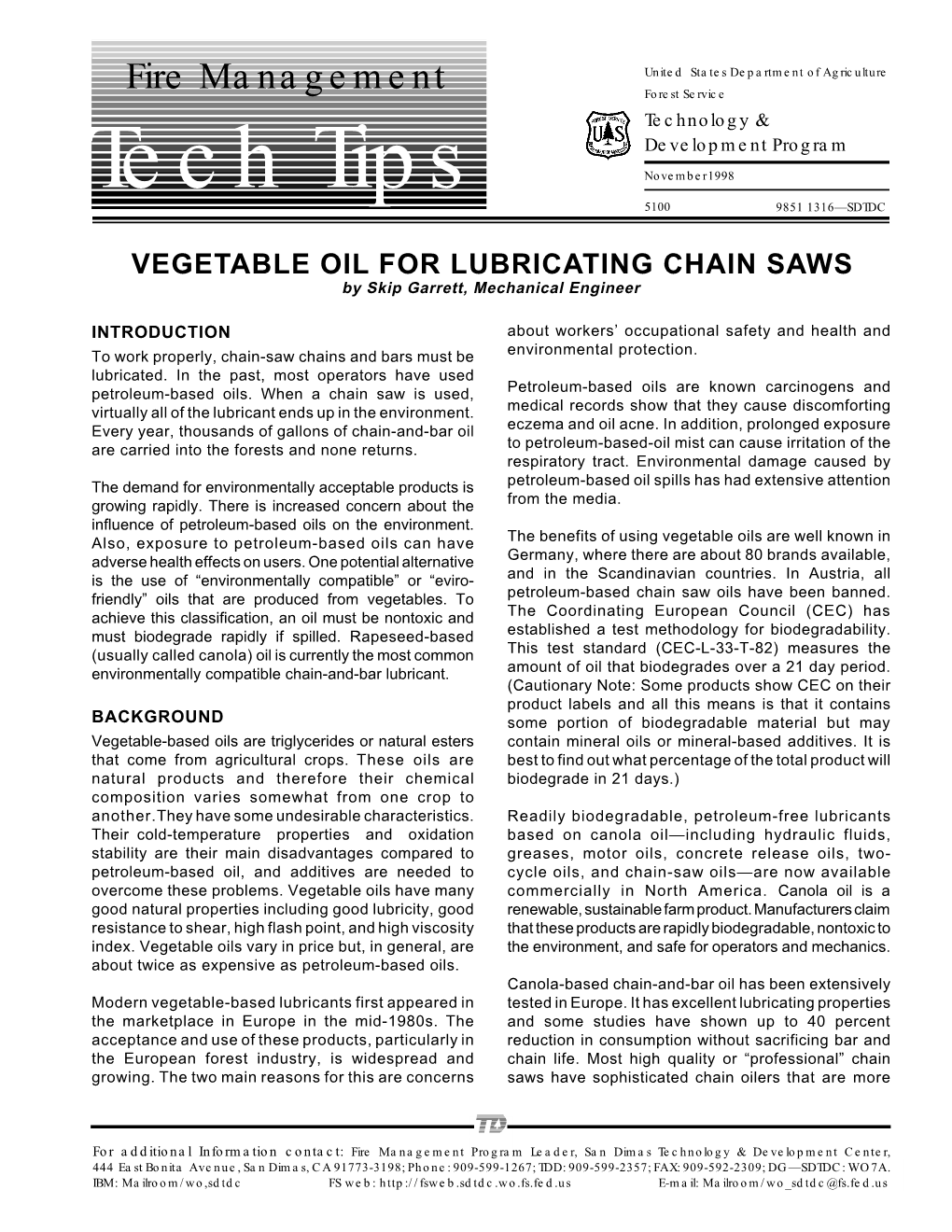 VEGETABLE OIL for LUBRICATING CHAIN SAWS by Skip Garrett, Mechanical Engineer