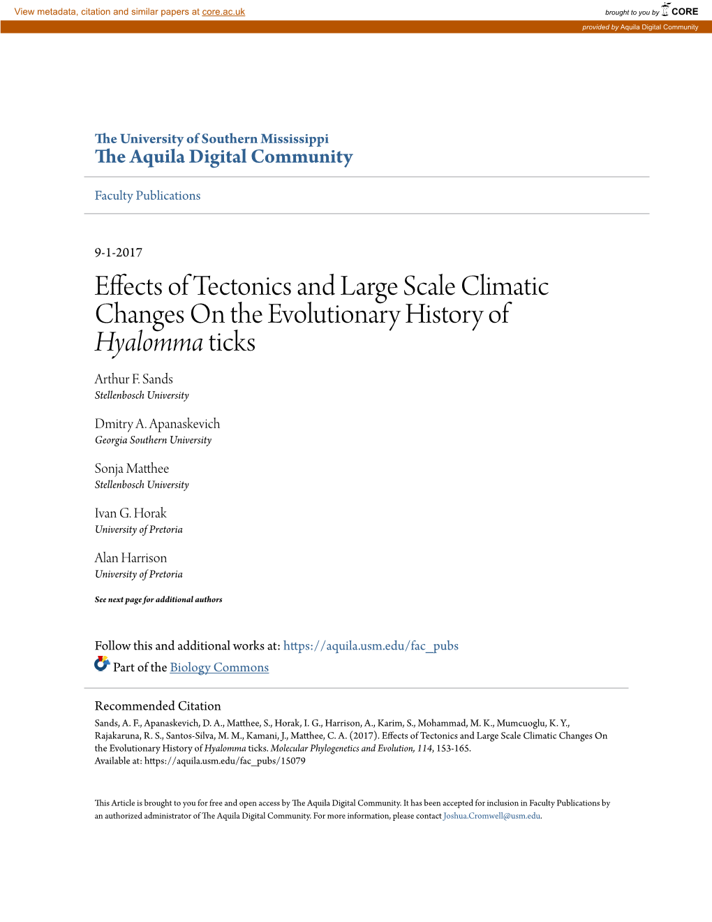 Effects of Tectonics and Large Scale Climatic Changes on the Evolutionary History of Hyalomma Ticks Arthur F