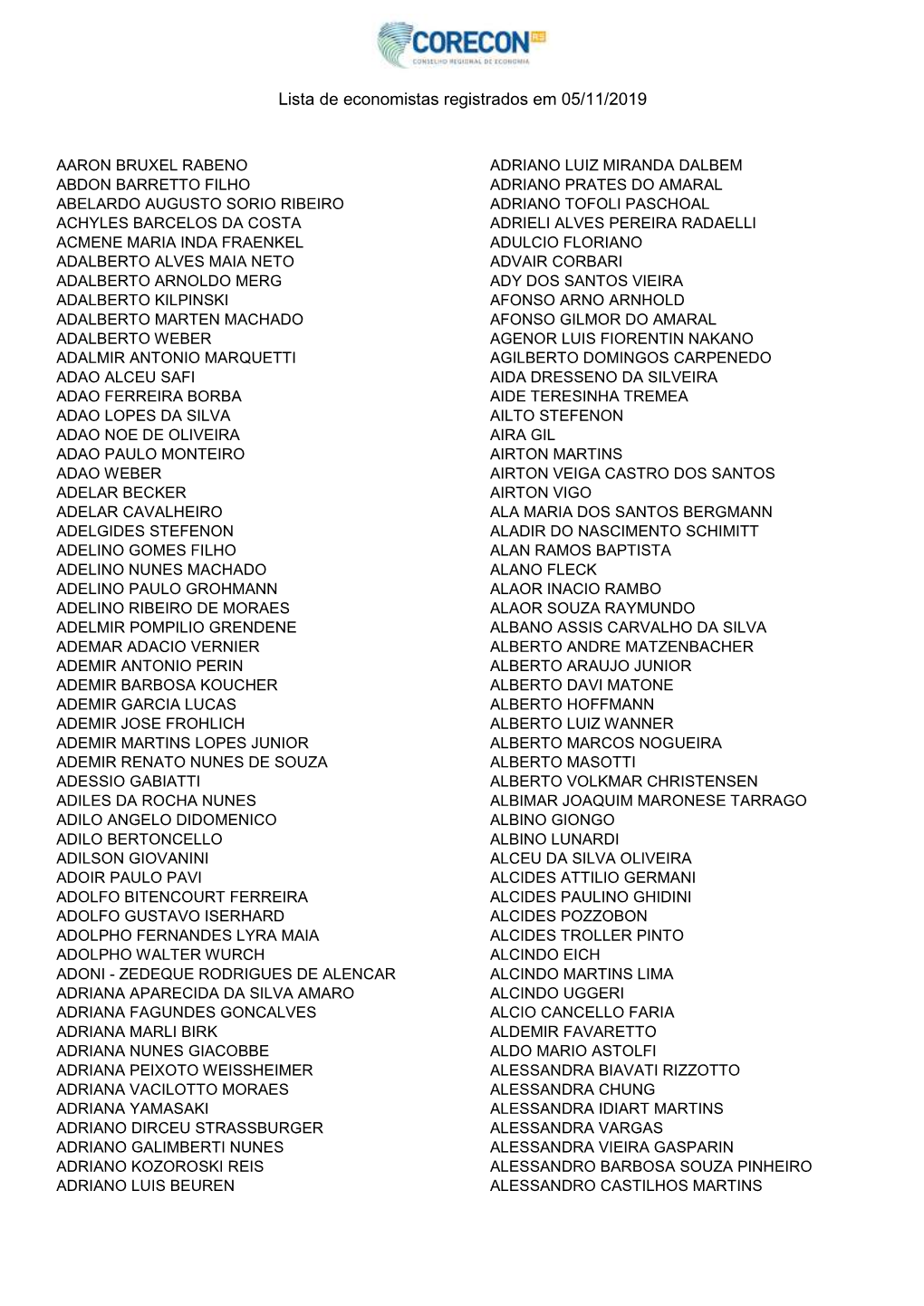 Lista De Economistas Registrados Em 05/11/2019