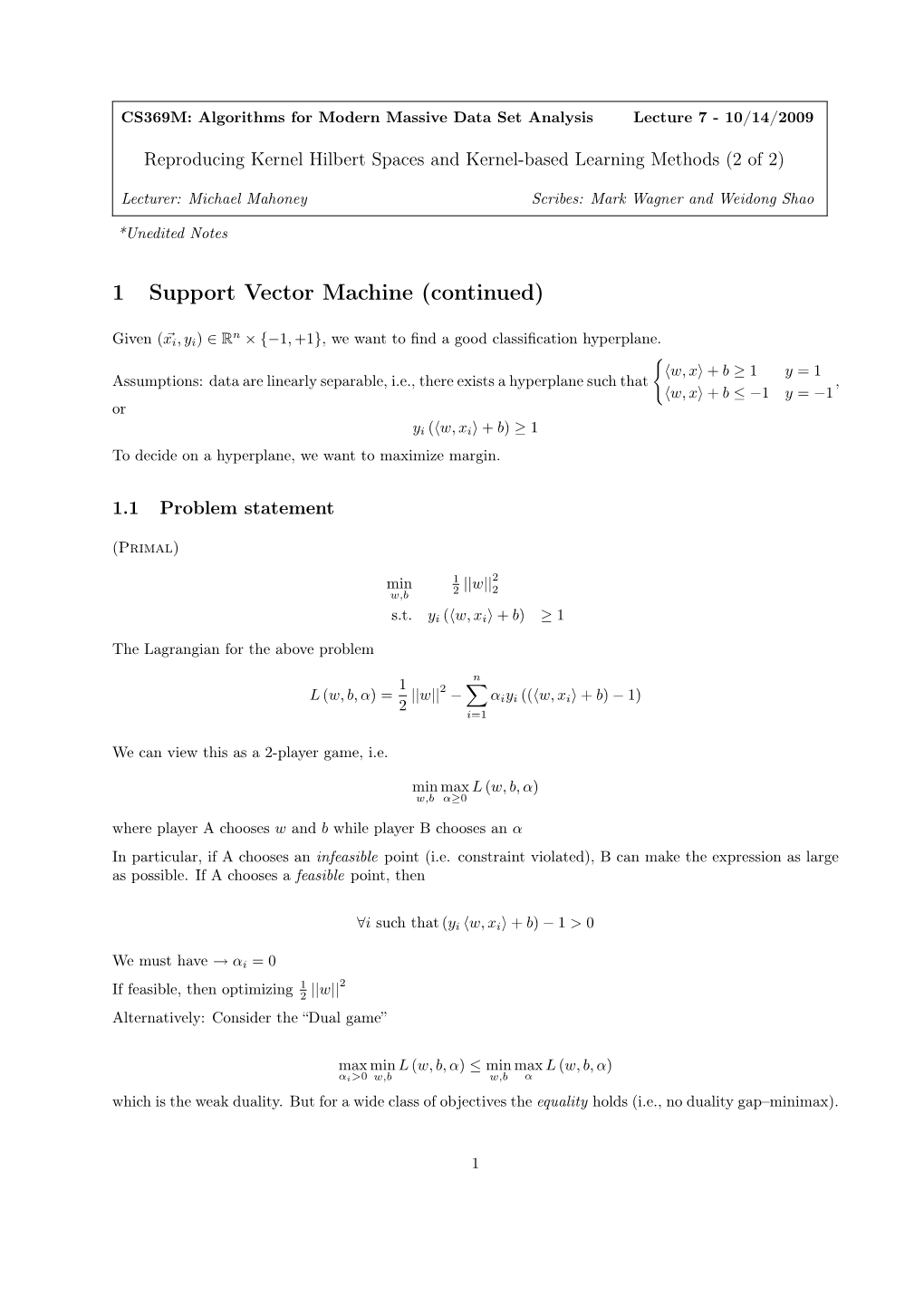 1 Support Vector Machine (Continued)