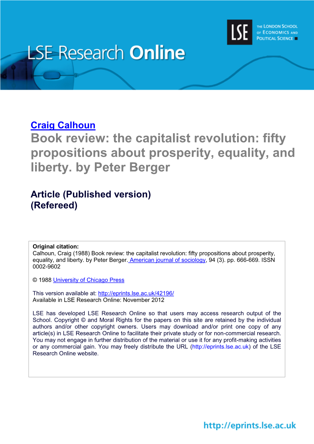 Book Review: the Capitalist Revolution: Fifty Propositions About Prosperity, Equality, and Liberty