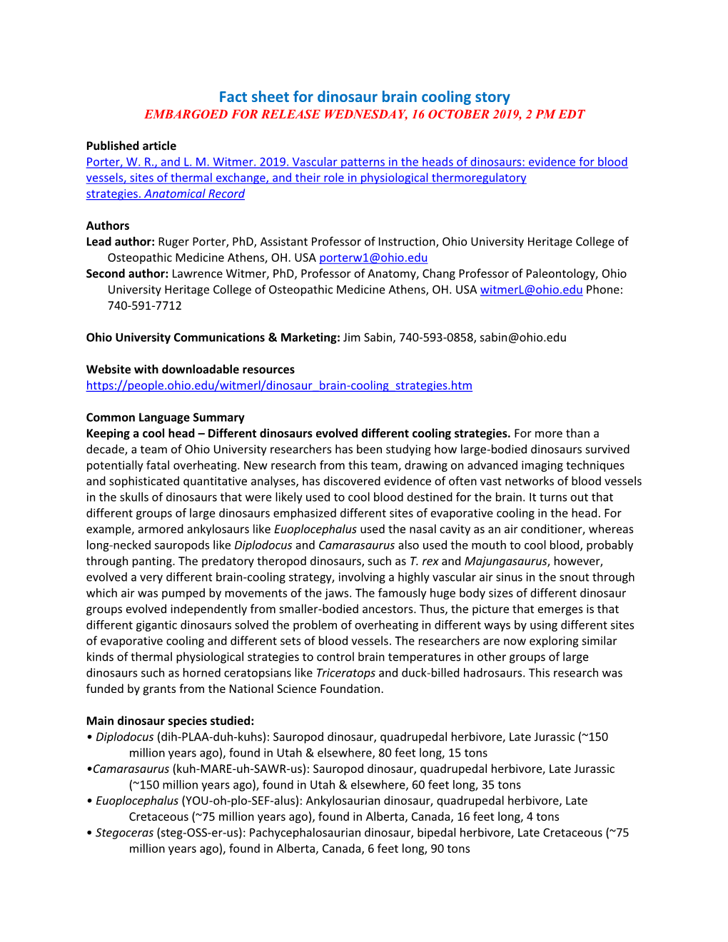 Fact Sheet for Dinosaur Brain Cooling Story EMBARGOED for RELEASE WEDNESDAY, 16 OCTOBER 2019, 2 PM EDT