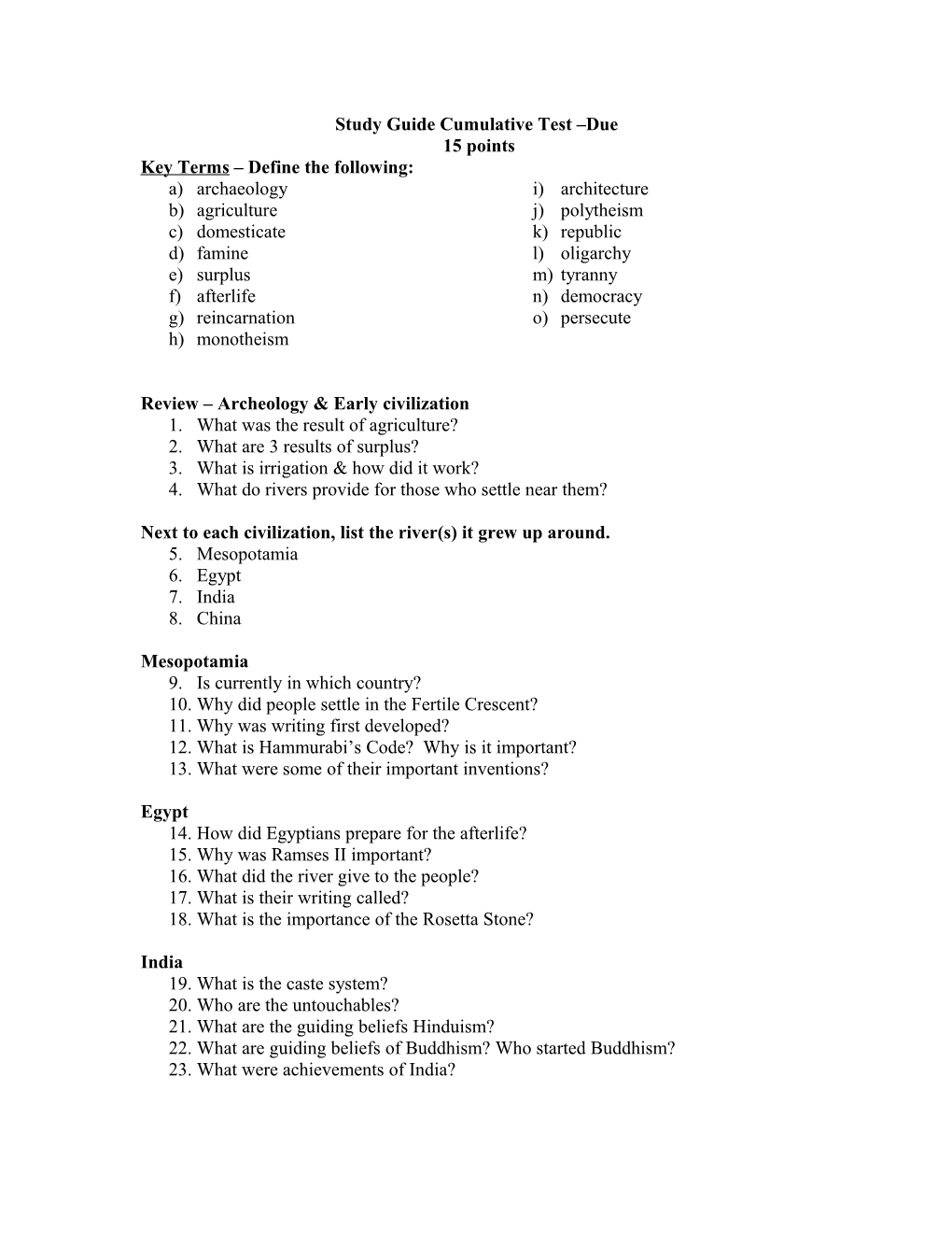 Study Guide Cumulative Test