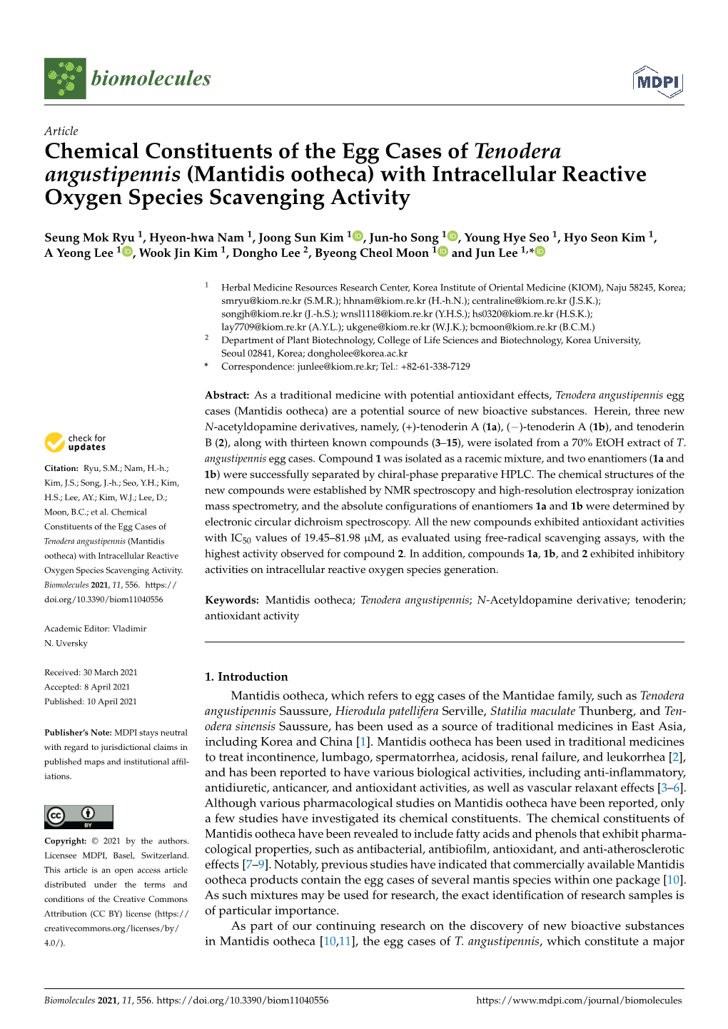 Chemical Constituents of the Egg Cases of Tenodera Angustipennis (Mantidis Ootheca) with Intracellular Reactive Oxygen Species Scavenging Activity