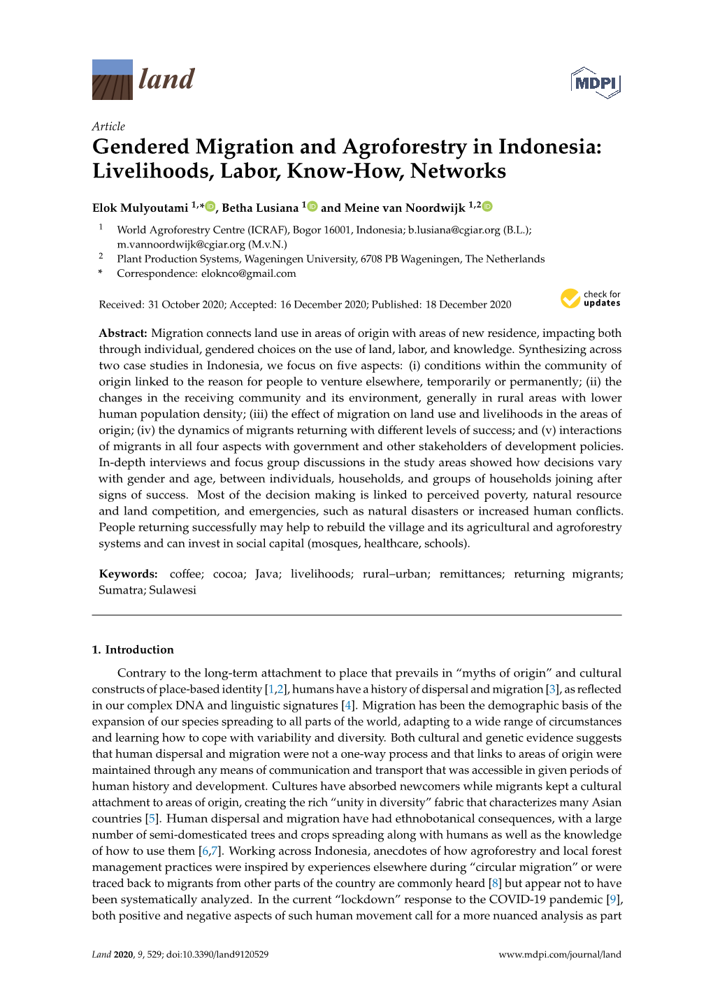 Gendered Migration and Agroforestry in Indonesia: Livelihoods, Labor, Know-How, Networks