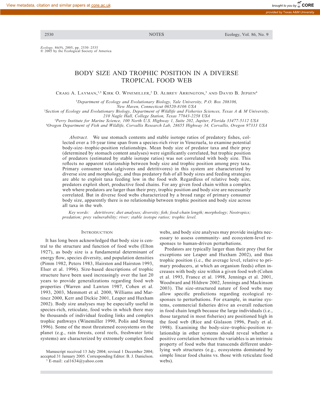 Body Size and Trophic Position in a Diverse Tropical Food Web