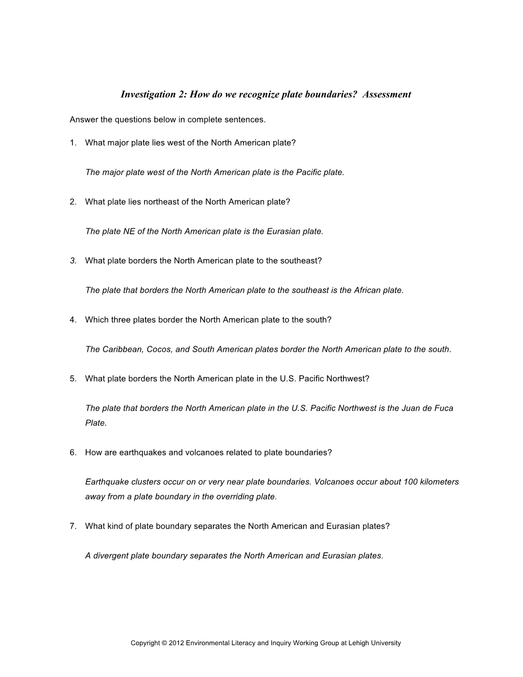 Investigation 2: How Do We Recognize Plate Boundaries? Assessment