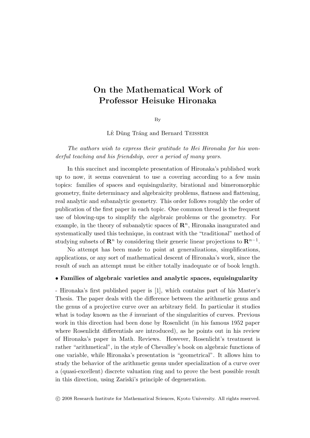 On the Mathematical Work of Professor Heisuke Hironaka