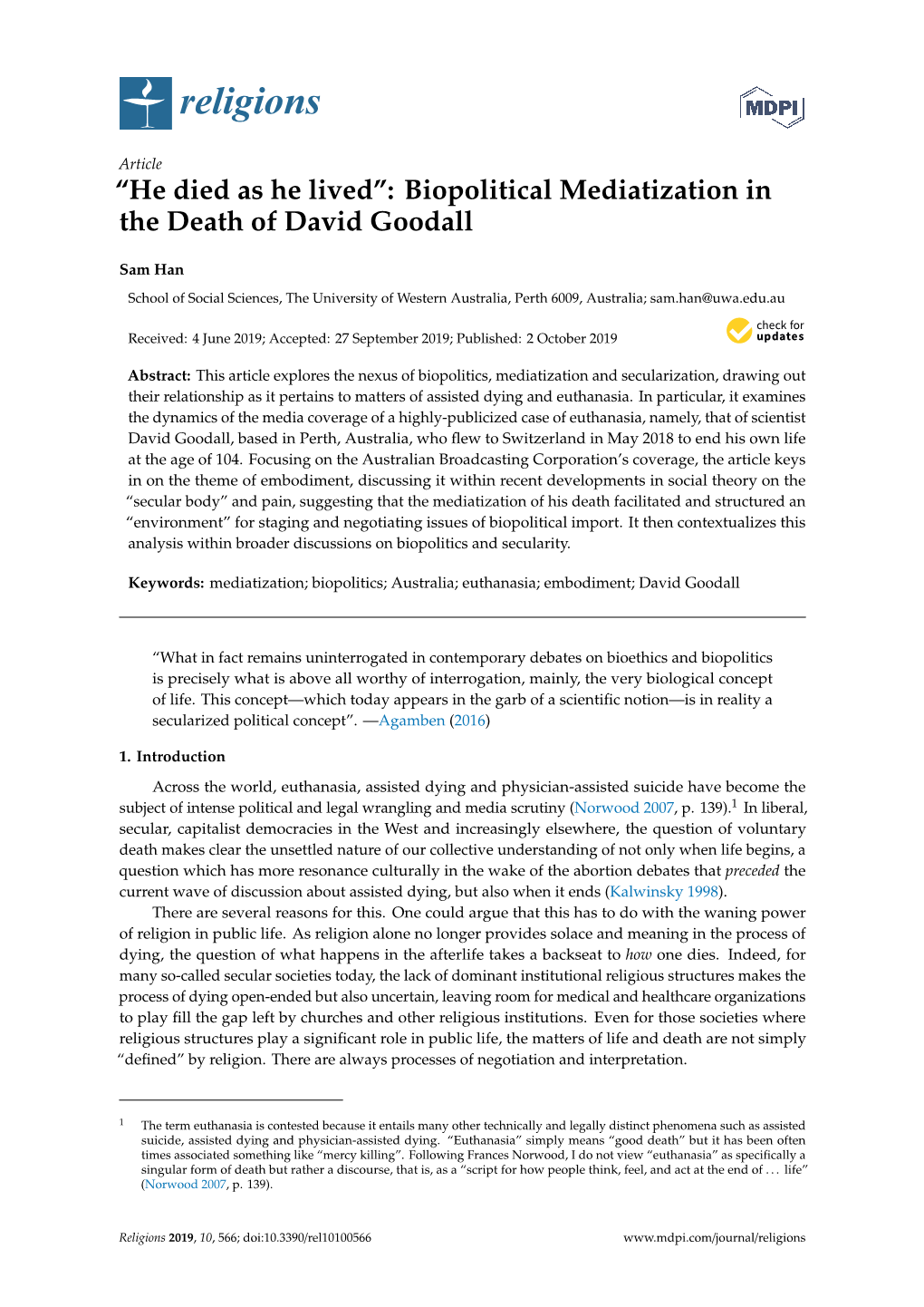 Biopolitical Mediatization in the Death of David Goodall