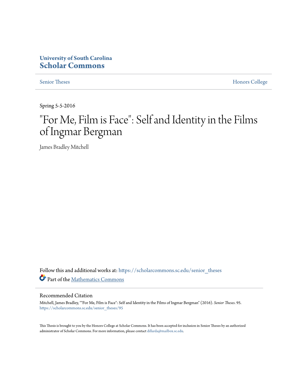 Self and Identity in the Films of Ingmar Bergman James Bradley Mitchell