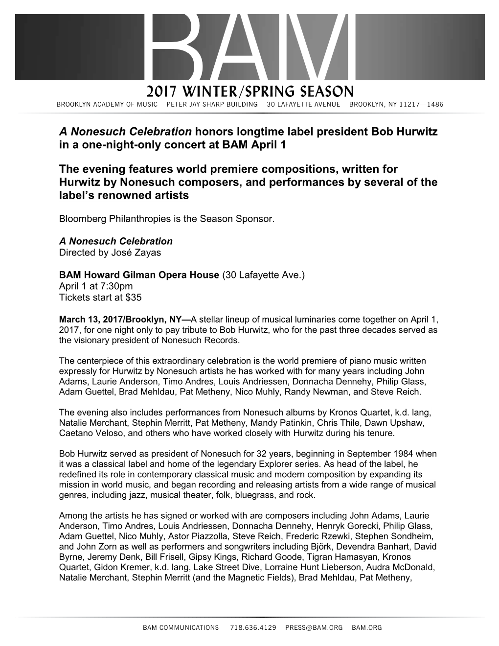 A Nonesuch Celebration Honors Longtime Label President Bob Hurwitz in a One-Night-Only Concert at BAM April 1