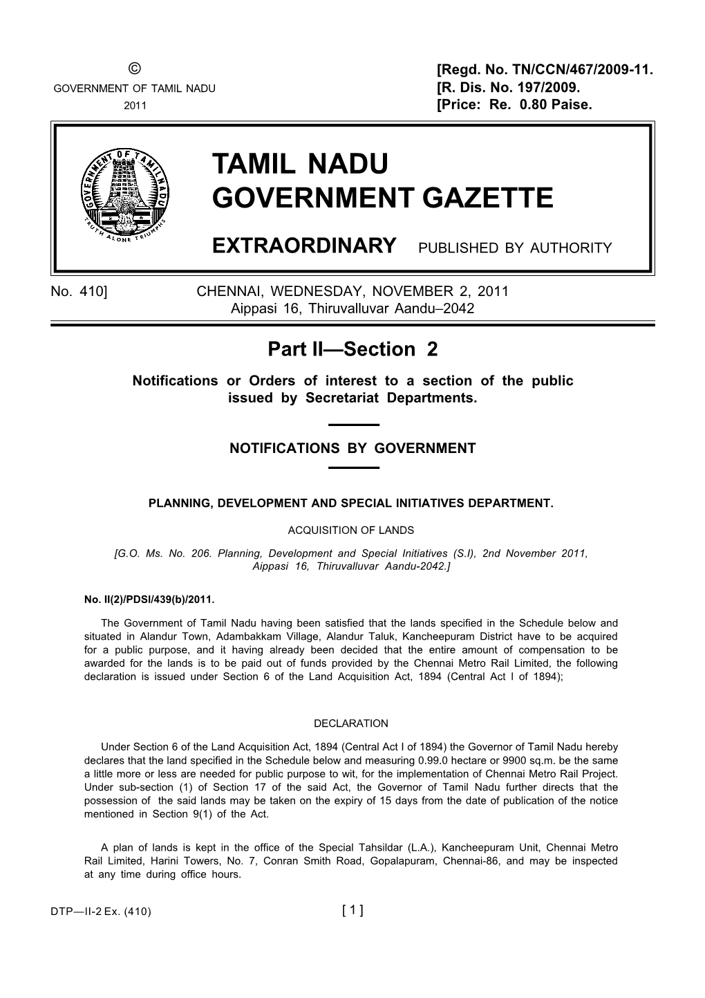 Tamil Nadu Government Gazette Extraordinary