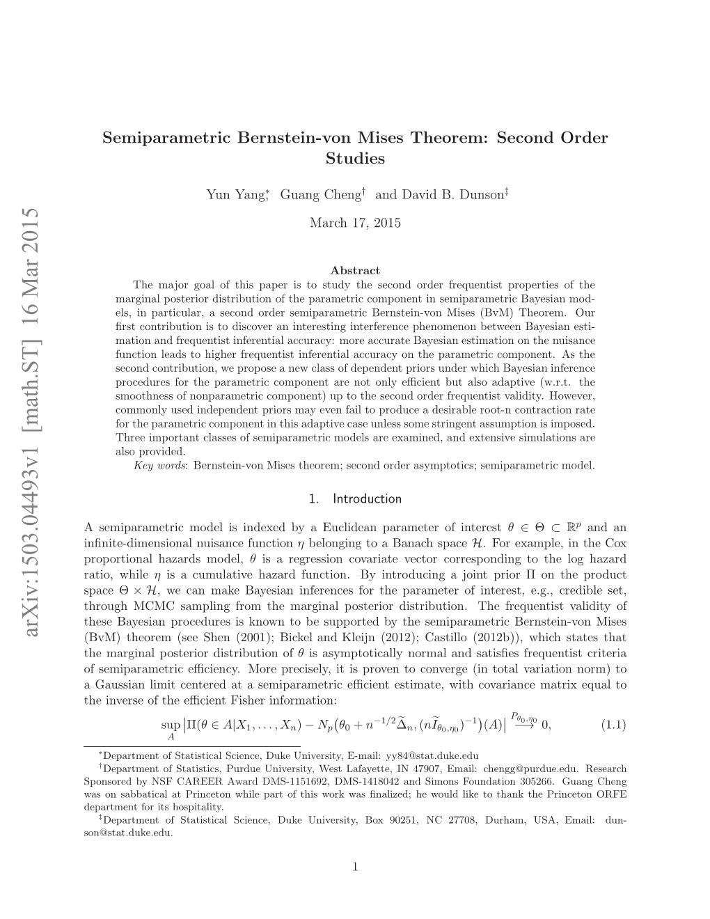 Arxiv:1503.04493V1 [Math.ST] 16 Mar 2015 a Nsbaia Tpictnwiepr Fti Okwsﬁna Was Work This of Part Hospitality