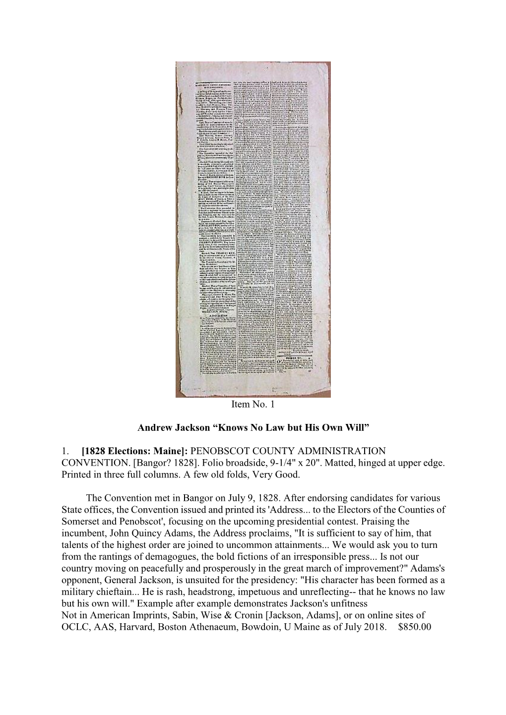 Item No. 1 Andrew Jackson “Knows No Law but His Own Will”