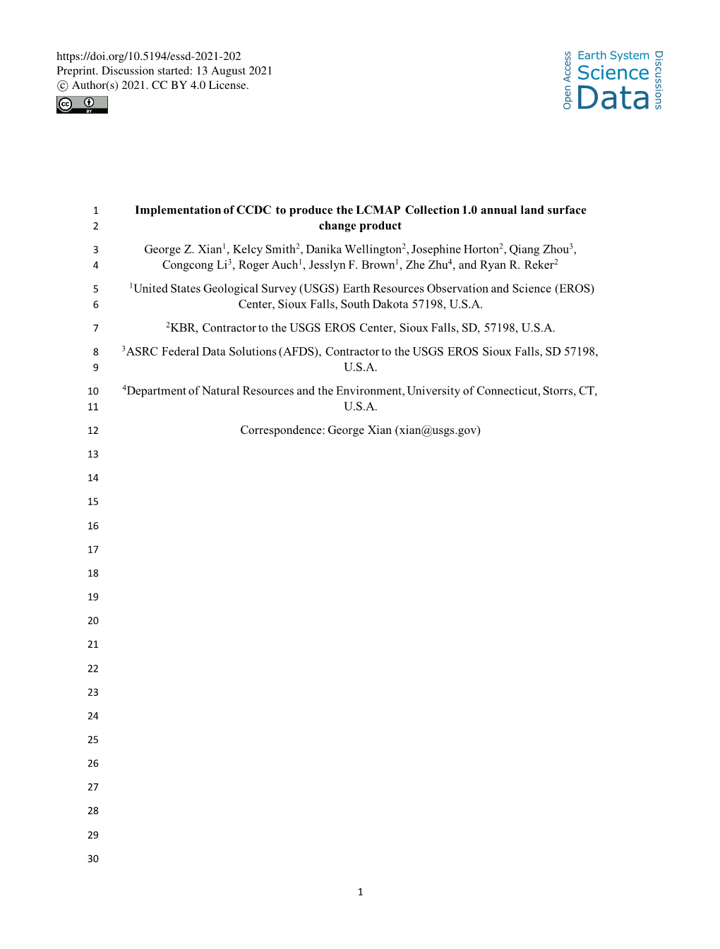 Implementation of CCDC to Produce the LCMAP Collection 1.0 Annual Land Surface 2 Change Product