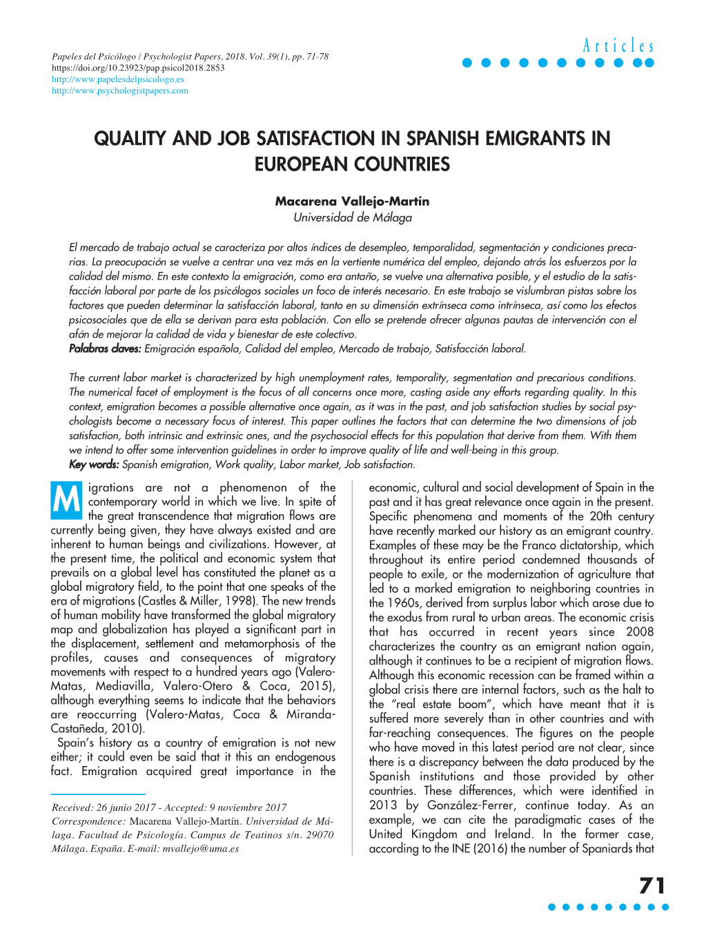 Quality and Job Satisfaction in Spanish Emigrants in European Countries