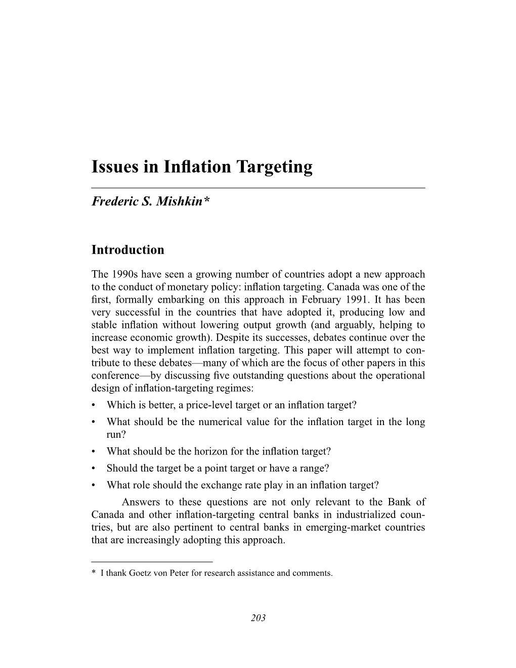 Issues in Inflation Targeting 205