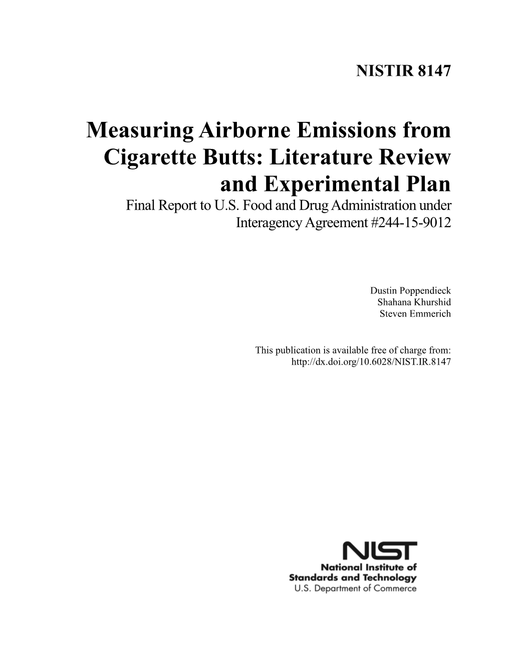 Measuring Airborne Emissions from Cigarette Butts: Literature Review and Experimental Plan Final Report to U.S