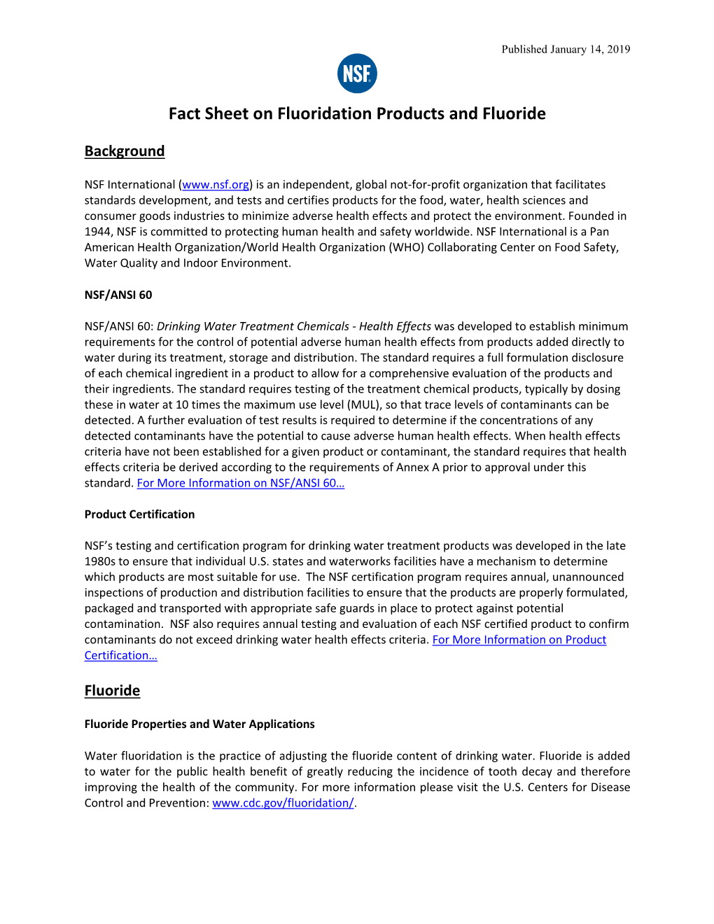 Fact Sheet on Fluoridation Products and Fluoride