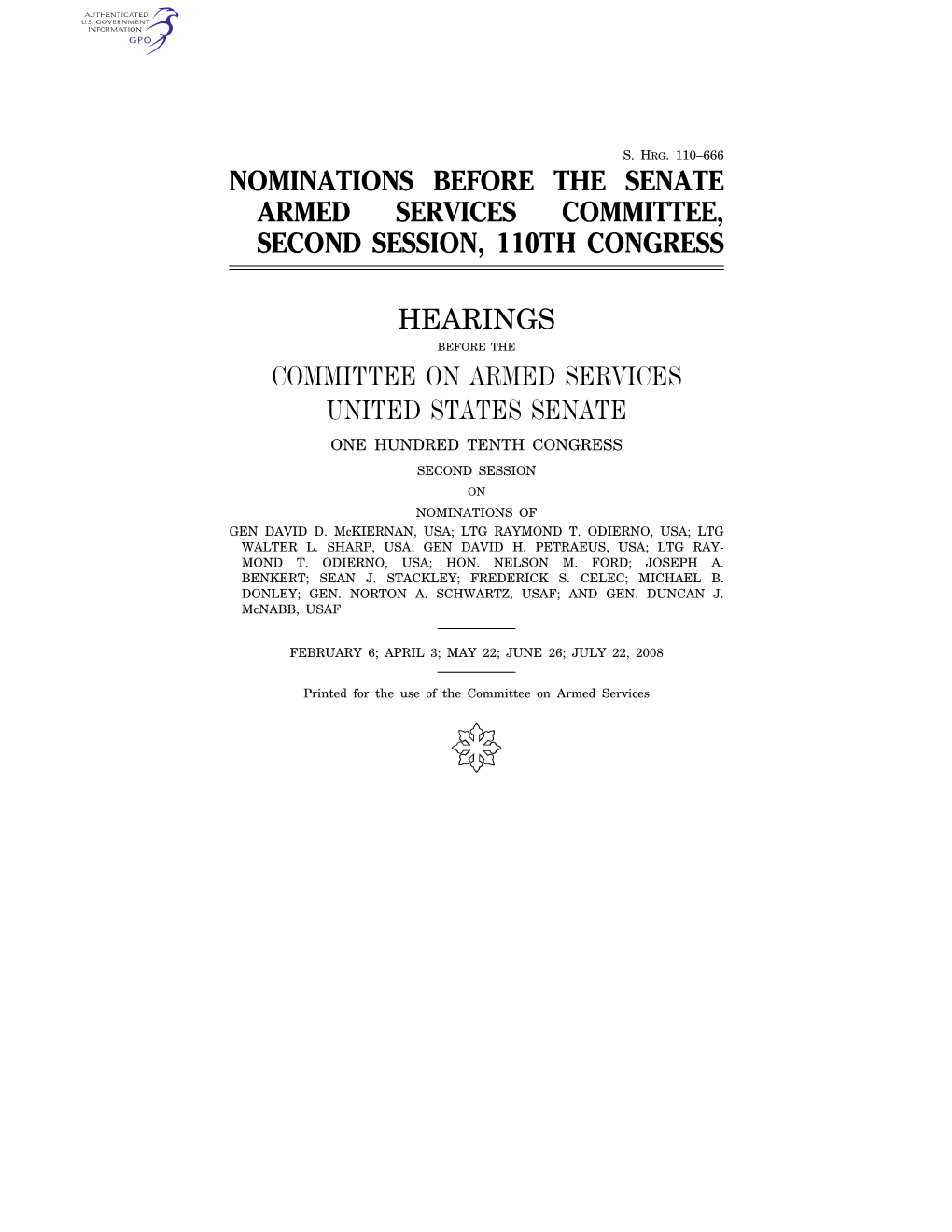 Nominations Before the Senate Armed Services Committee, Second Session, 110Th Congress