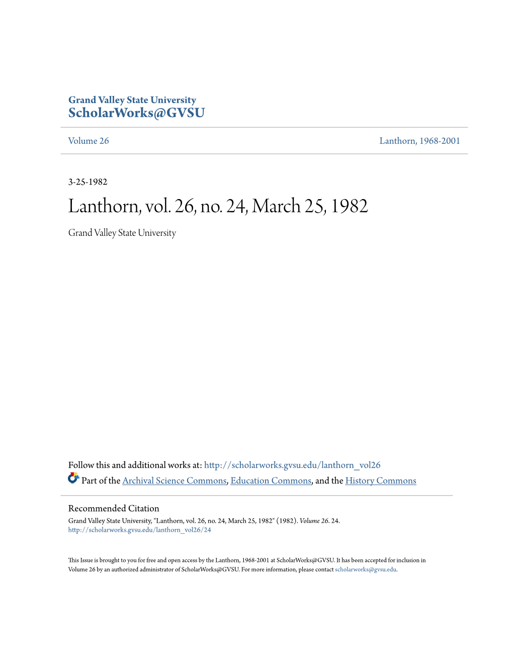 Lanthorn, Vol. 26, No. 24, March 25, 1982 Grand Valley State University