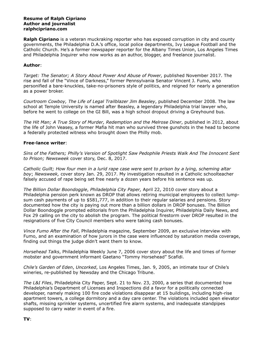 Resume of Ralph Cipriano Author and Journalist Ralphcipriano.Com