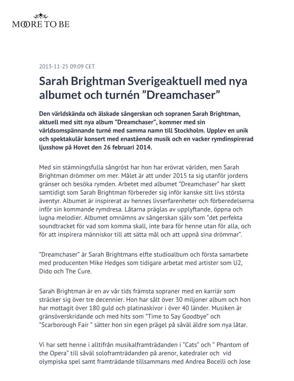 Sarah Brightman Sverigeaktuell Med Nya Albumet Och Turnén ”Dreamchaser”