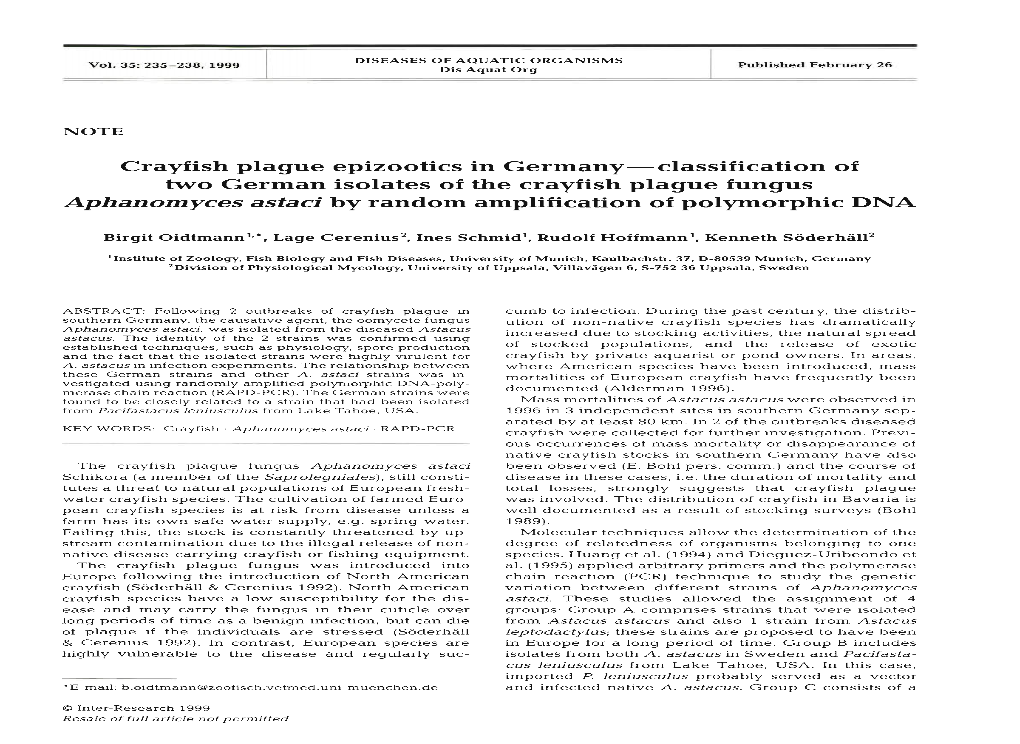 Crayfish Plague Epizootics in Germany-Classification of Two