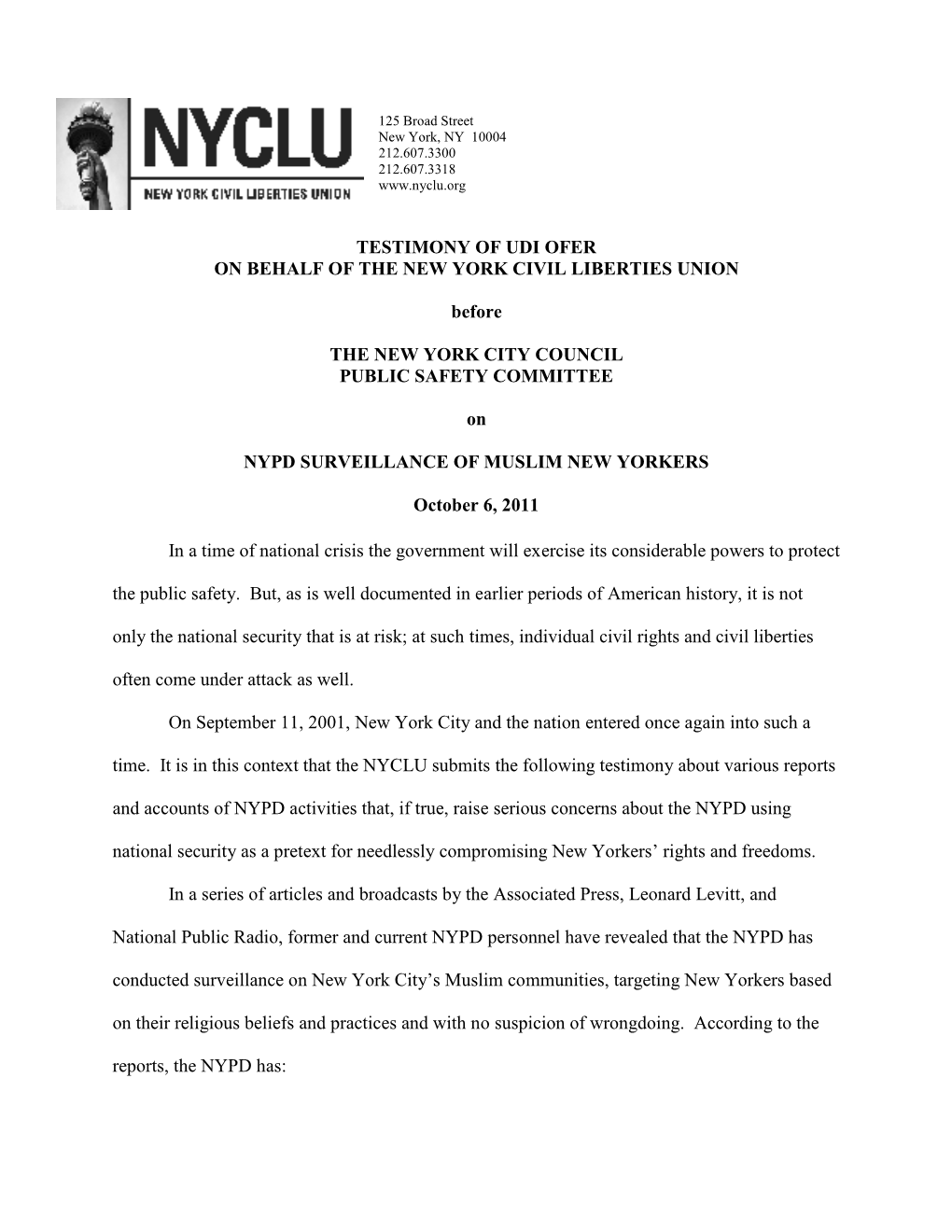 TESTIMONY of UDI OFER on BEHALF of the NEW YORK CIVIL LIBERTIES UNION Before the NEW YORK CITY COUNCIL PUBLIC SAFETY COMMITTEE