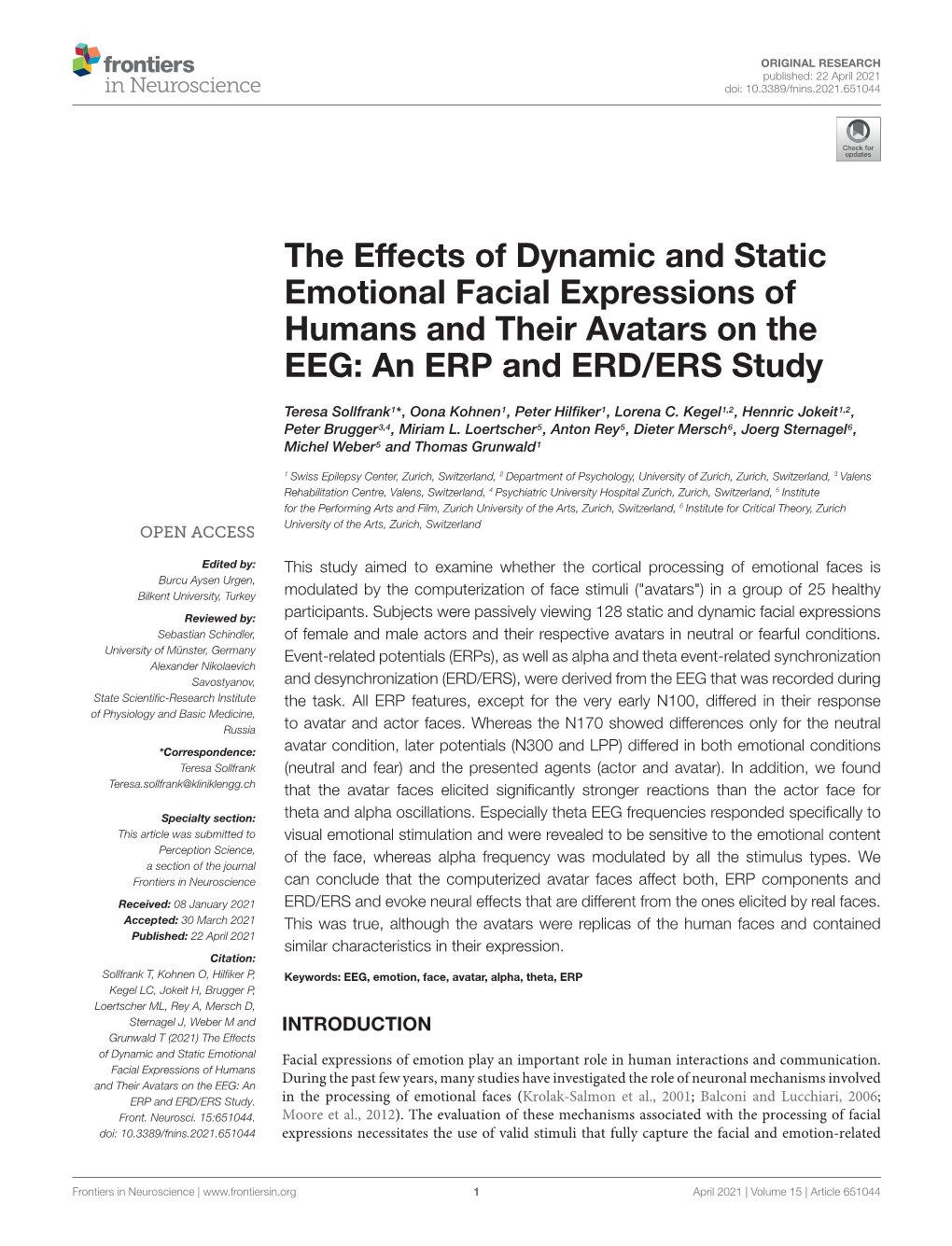 The Effects of Dynamic and Static Emotional Facial Expressions of Humans and Their Avatars on the EEG: an ERP and ERD/ERS Study