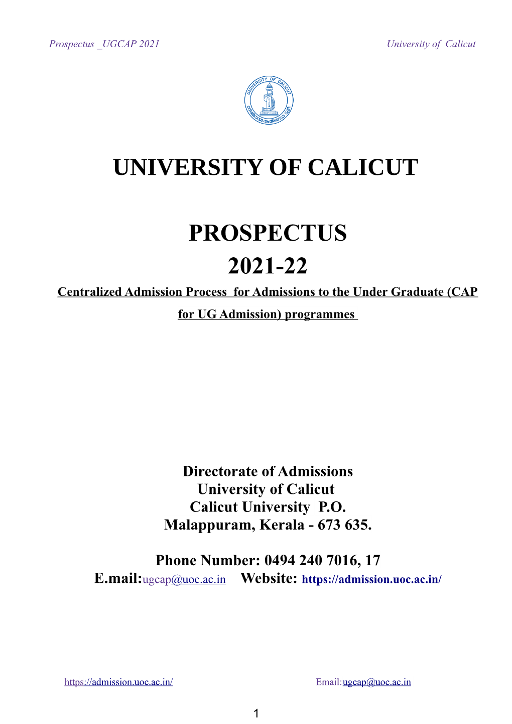 University of Calicut Prospectus 2021-22