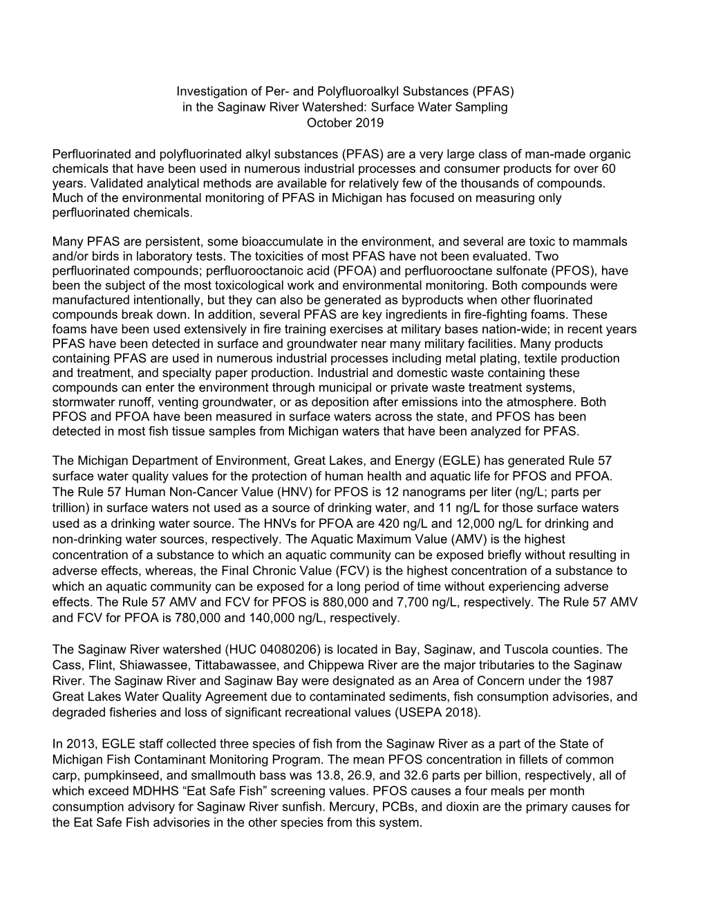 (PFAS) in the Saginaw River Watershed: Surface Water Sampling October 2019