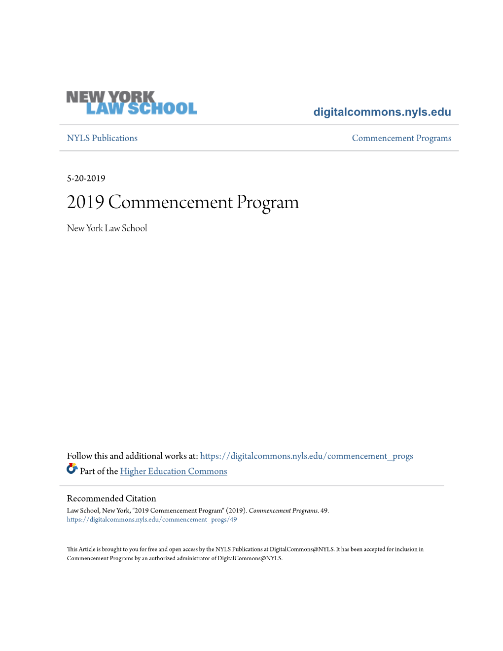 2019 Commencement Program New York Law School