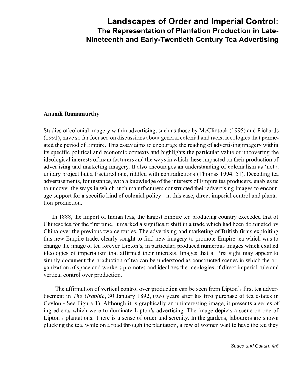 Landscapes of Order and Imperial Control: the Representation of Plantation Production in Late- Nineteenth and Early-Twentieth Century Tea Advertising