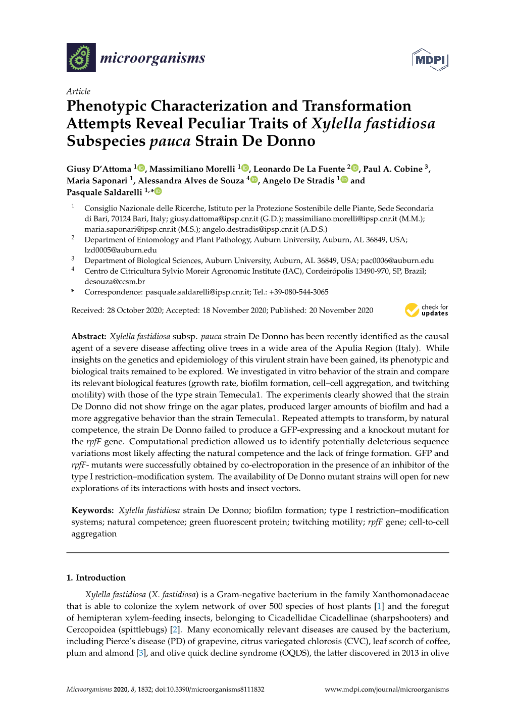 Phenotypic Characterization and Transformation Attempts Reveal Peculiar Traits of Xylella Fastidiosa Subspecies Pauca Strain De Donno