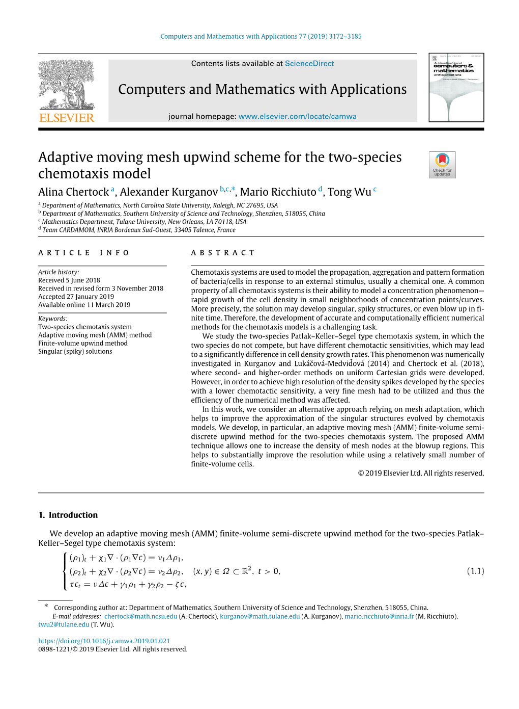 Computers and Mathematics with Applications Adaptive Moving Mesh Upwind Scheme for the Two-Species Chemotaxis Model