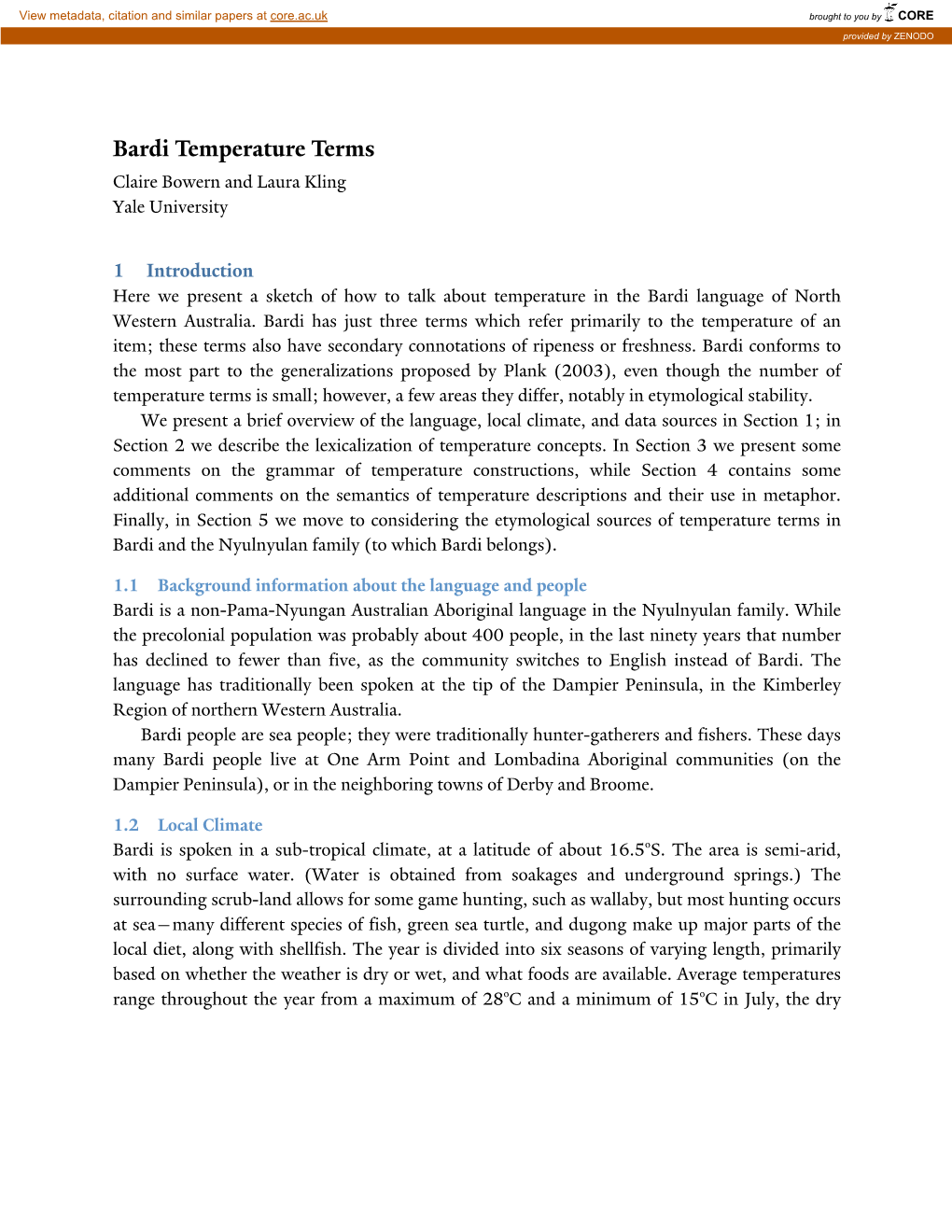 Bardi Temperature Terms Claire Bowern and Laura Kling Yale University