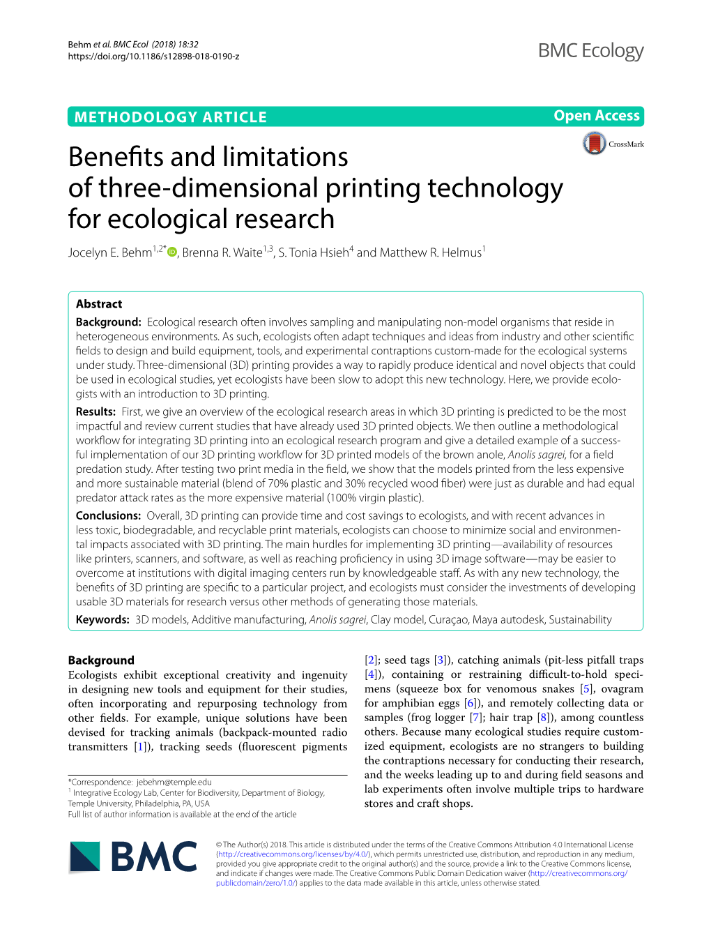 Benefits and Limitations of Three-Dimensional Printing Technology for Ecological Research