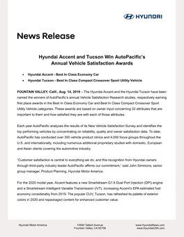 Hyundai Accent and Tucson Win Autopacific's Annual Vehicle