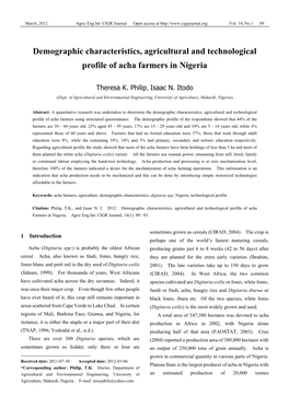 Demographic Characteristics, Agricultural and Technological Profile of Acha Farmers in Nigeria