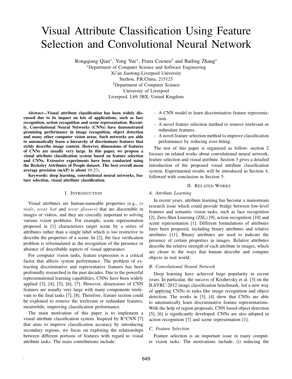 Visual Attribute Classification Using Feature Selection And